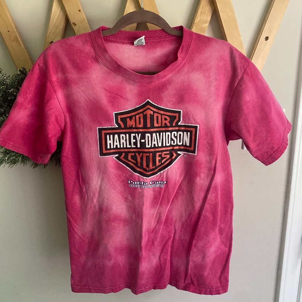 Hand Bleached Upcycled Pink Harley Davidson T-Shirt